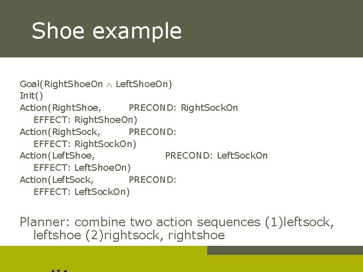 Shoe example Goal(Right. Shoe. On Left. Shoe. On) Init() Action(Right. Shoe, PRECOND: Right. Sock.