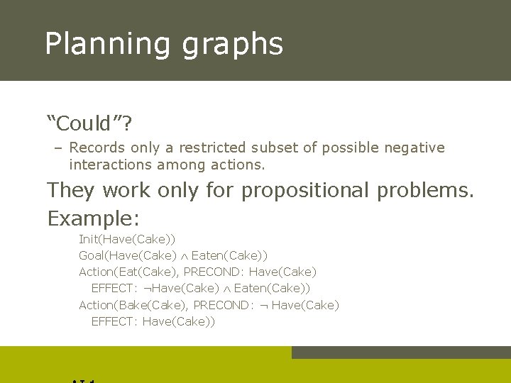 Planning graphs “Could”? – Records only a restricted subset of possible negative interactions among