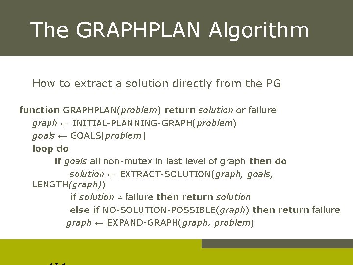 The GRAPHPLAN Algorithm How to extract a solution directly from the PG function GRAPHPLAN(problem)