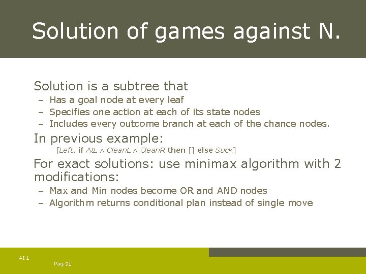 Solution of games against N. Solution is a subtree that – Has a goal