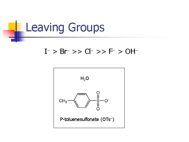 Leaving Groups I- > Br- >> Cl- >> F- > OH- H 2 O