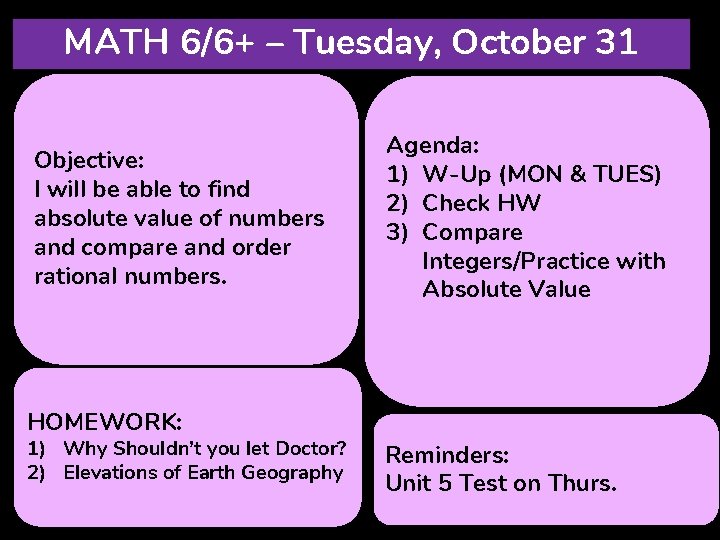 MATH 6/6+ – Tuesday, October 31 Objective: I will be able to find absolute