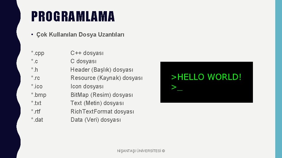 PROGRAMLAMA • Çok Kullanılan Dosya Uzantıları *. cpp *. c *. h *. rc