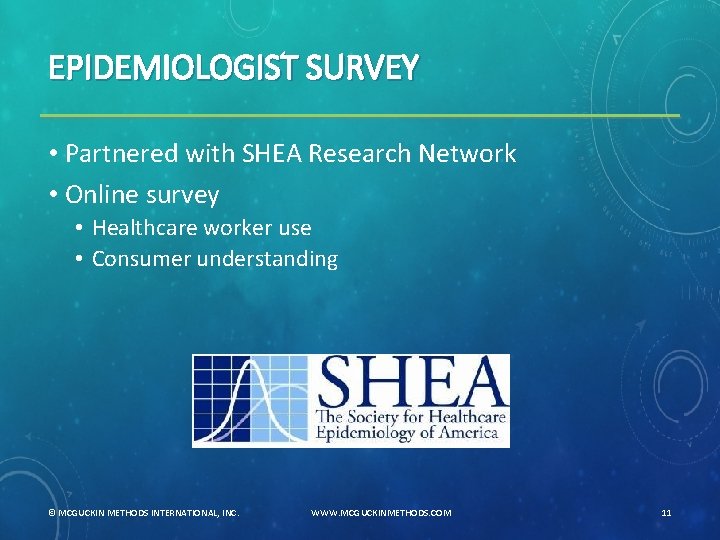 EPIDEMIOLOGIST SURVEY • Partnered with SHEA Research Network • Online survey • Healthcare worker