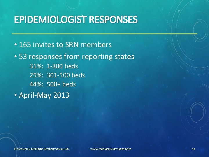 EPIDEMIOLOGIST RESPONSES • 165 invites to SRN members • 53 responses from reporting states