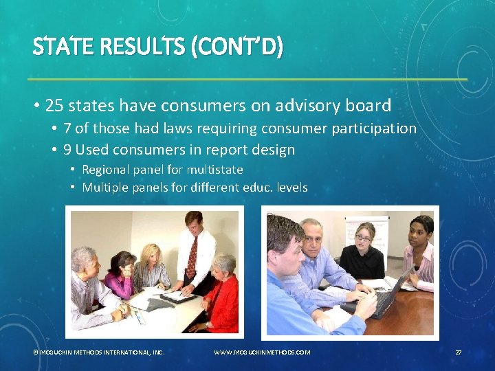 STATE RESULTS (CONT’D) • 25 states have consumers on advisory board • 7 of