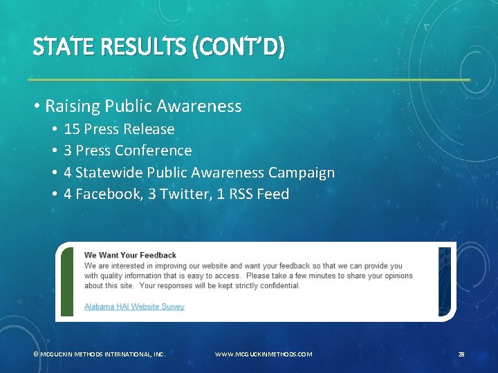 STATE RESULTS (CONT’D) • Raising Public Awareness • • 15 Press Release 3 Press