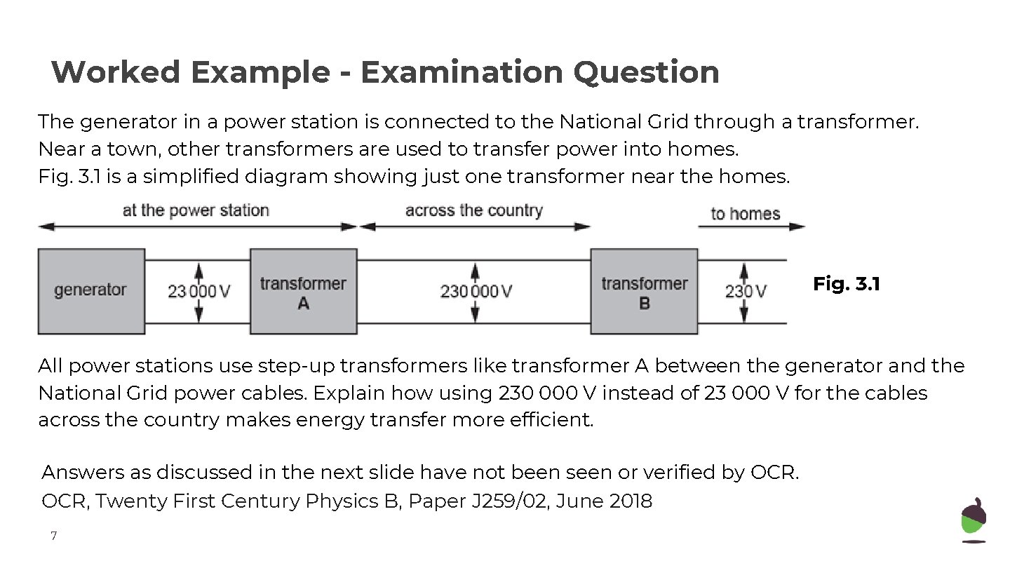 Worked Example - Examination Question The generator in a power station is connected to