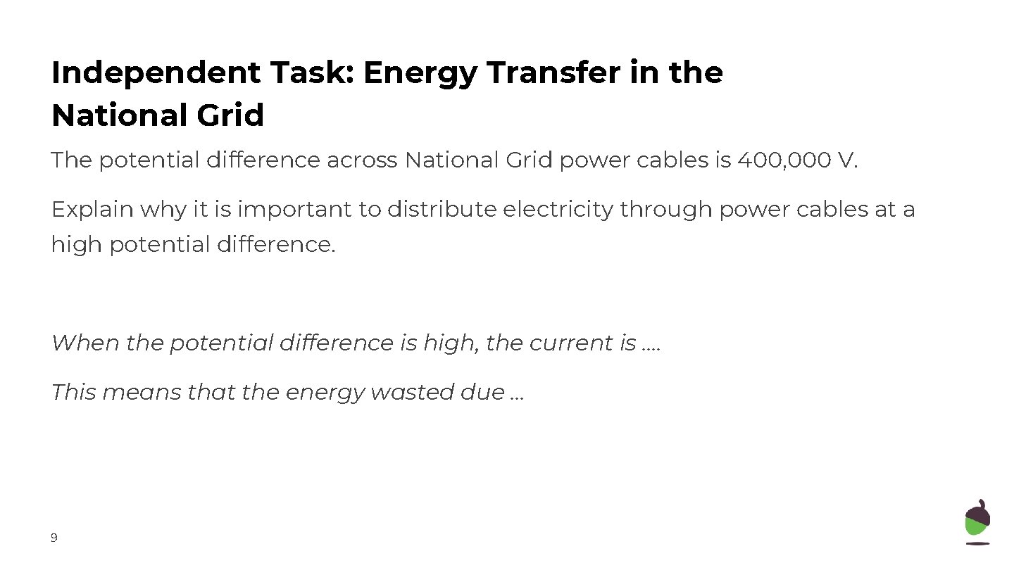 Independent Task: Energy Transfer in the National Grid The potential difference across National Grid