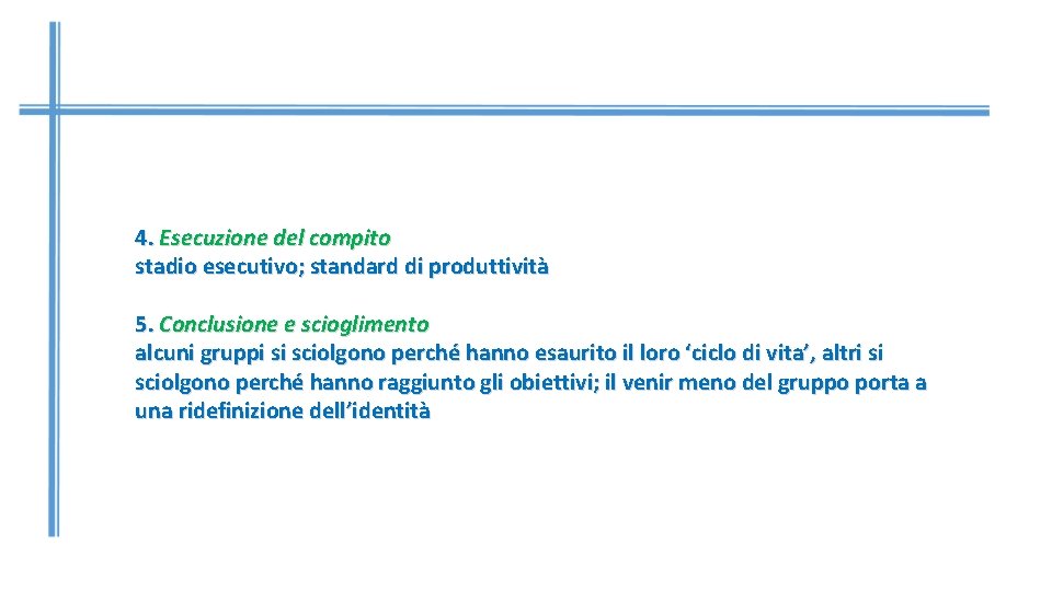 4. Esecuzione del compito stadio esecutivo; standard di produttività 5. Conclusione e scioglimento alcuni