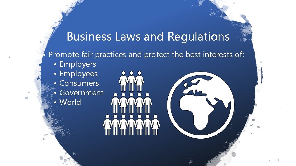 Business Laws and Regulations • Promote fair practices and protect the best interests of: