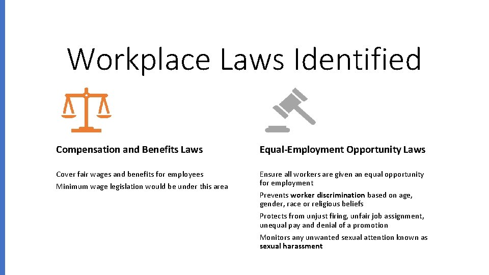 Workplace Laws Identified Compensation and Benefits Laws Equal-Employment Opportunity Laws Cover fair wages and