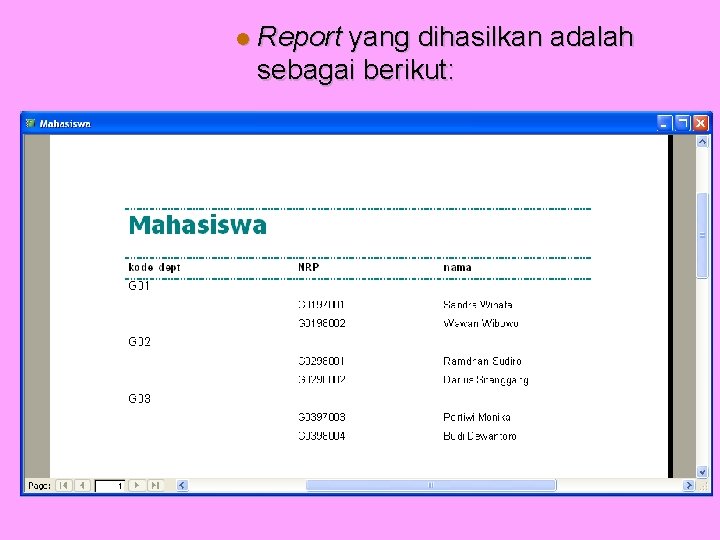  Report yang dihasilkan adalah sebagai berikut: 