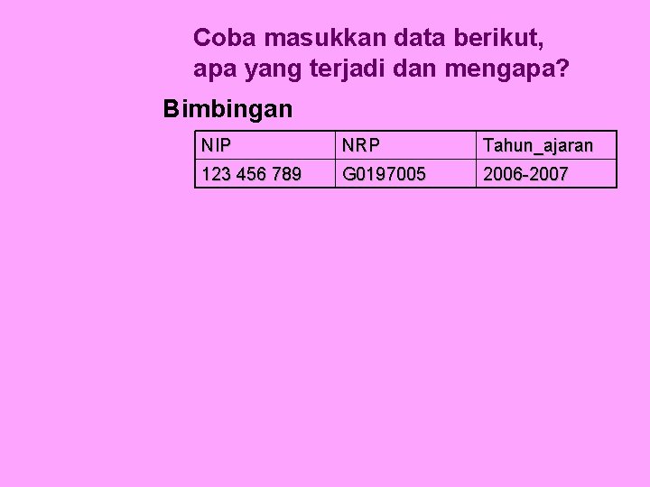 Coba masukkan data berikut, apa yang terjadi dan mengapa? Bimbingan NIP NRP Tahun_ajaran 123