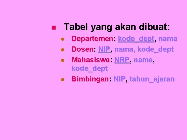  Tabel yang akan dibuat: Departemen: kode_dept, nama Dosen: NIP, nama, kode_dept Mahasiswa: NRP,