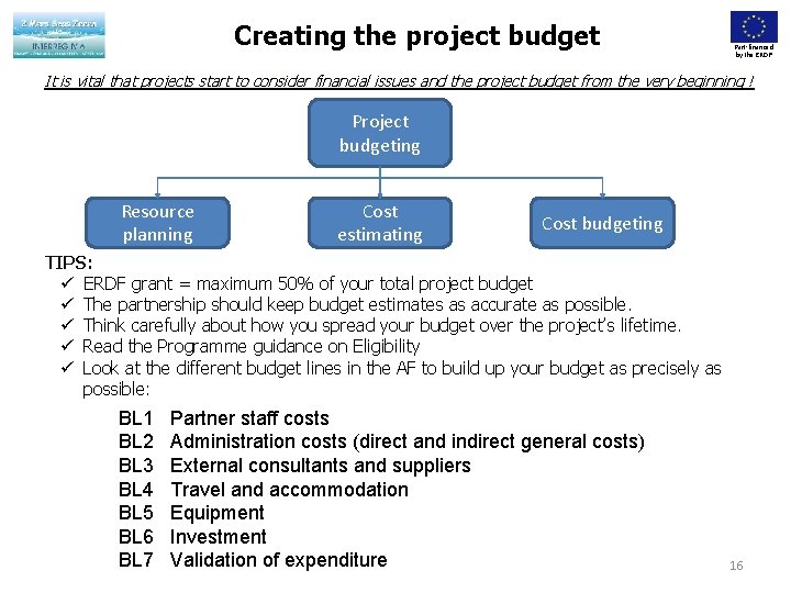 Creating the project budget Part-financed by the ERDF It is vital that projects start