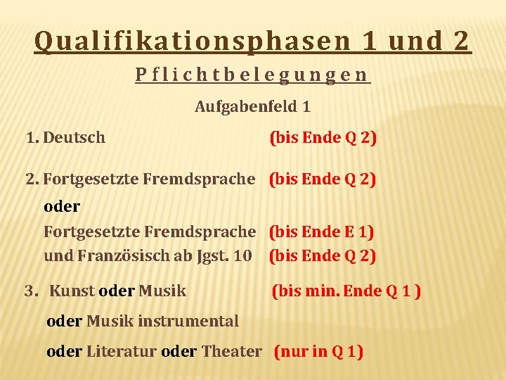 Qualifikationsphasen 1 und 2 Pflichtbelegungen Aufgabenfeld 1 1. Deutsch (bis Ende Q 2) 2.