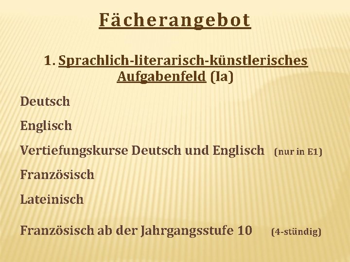 Fächerangebot 1. Sprachlich-literarisch-künstlerisches Aufgabenfeld (Ia) Deutsch Englisch Vertiefungskurse Deutsch und Englisch (nur in E