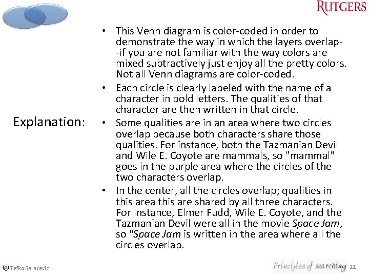 Explanation: © Tefko Saracevic • This Venn diagram is color-coded in order to demonstrate