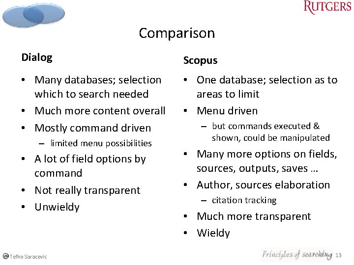Comparison Dialog Scopus • Many databases; selection which to search needed • Much more