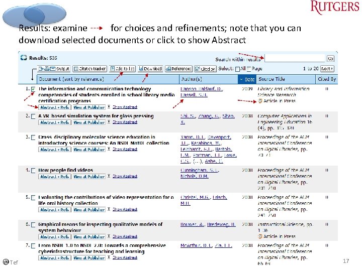Results: examine for choices and refinements; note that you can download selected documents or