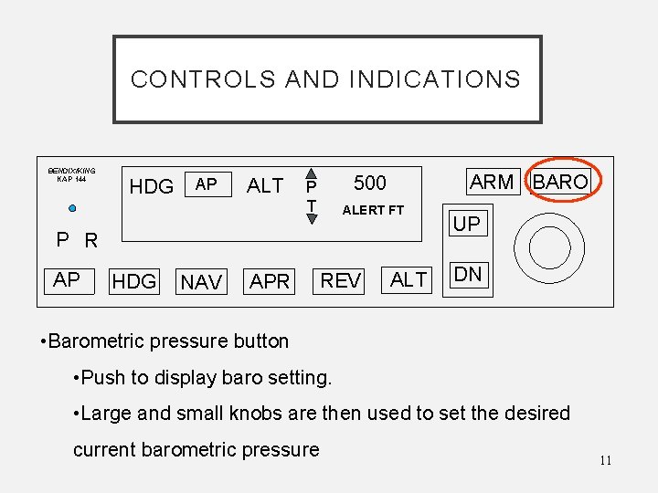 CONTROLS AND INDICATIONS BENDIX/KING KAP 144 HDG AP ALT ARM BARO 500 P T