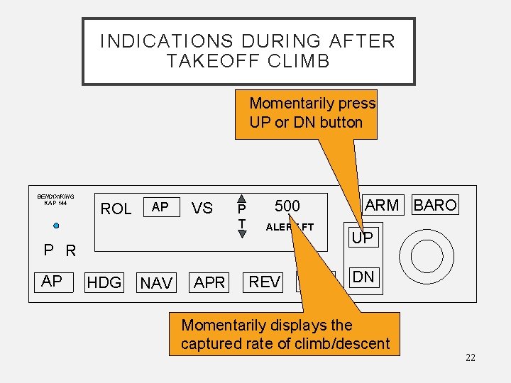 INDICATIONS DURING AFTER TAKEOFF CLIMB Momentarily press UP or DN button BENDIX/KING KAP 144