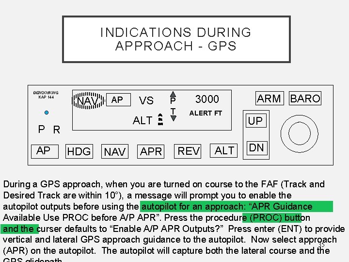 INDICATIONS DURING APPROACH - GPS BENDIX/KING KAP 144 NAV AP ALT P R AP