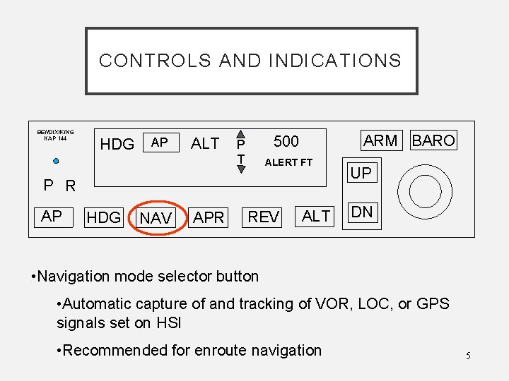 CONTROLS AND INDICATIONS BENDIX/KING KAP 144 HDG AP ALT ARM BARO 500 P T