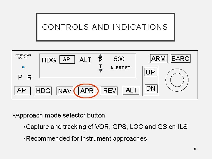 CONTROLS AND INDICATIONS BENDIX/KING KAP 144 HDG AP ALT ARM BARO 500 P T