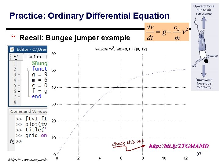 Practice: Ordinary Differential Equation } Recall: Bungee jumper example http: //bit. ly/2 TGMAMD 37 Practice: Ordinary Differential Equation } Recall: Bungee jumper example http: //bit. ly/2 TGMAMD 37