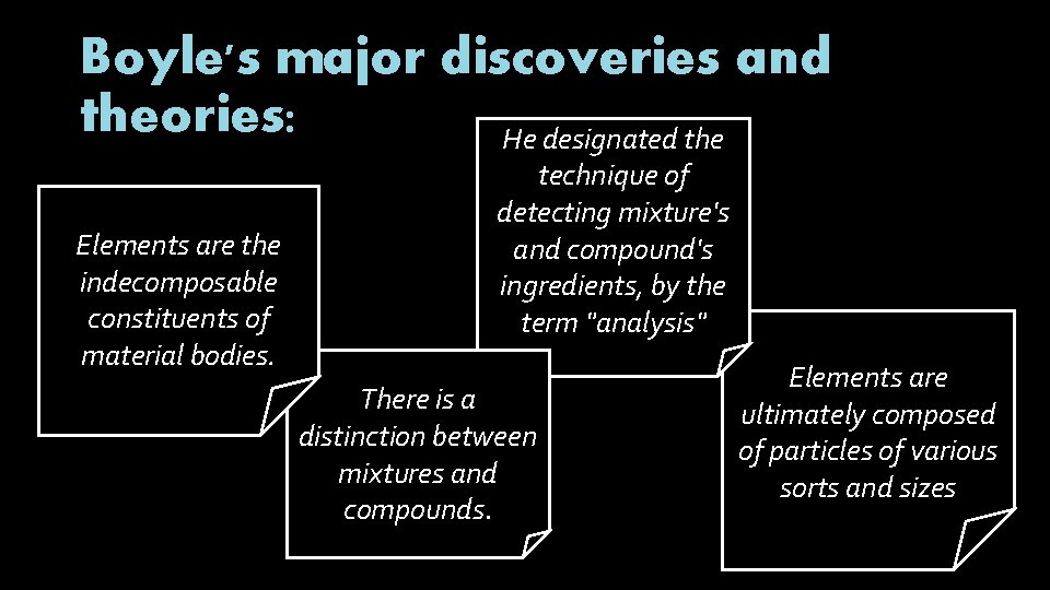 Boyle's major discoveries and theories: He designated the Elements are the indecomposable constituents of