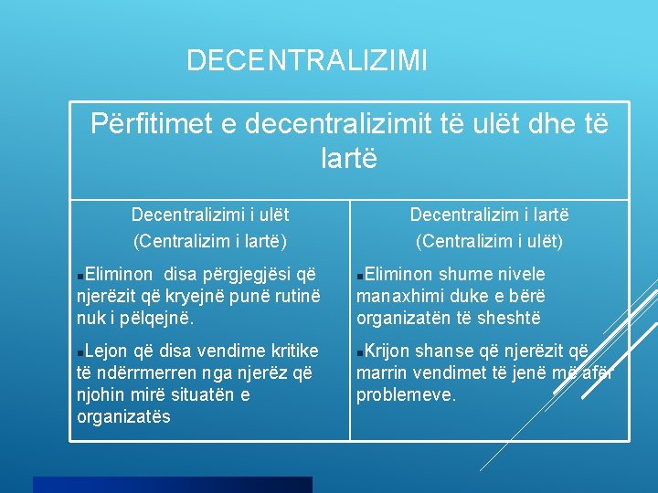 DECENTRALIZIMI Përfitimet e decentralizimit të ulët dhe të lartë Decentralizimi i ulët (Centralizim i