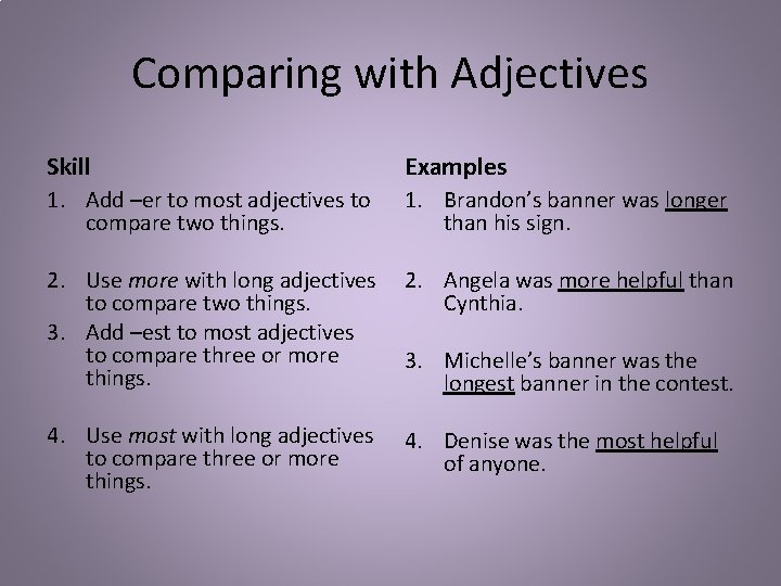 Comparing with Adjectives Skill Examples 1. Add –er to most adjectives to compare two