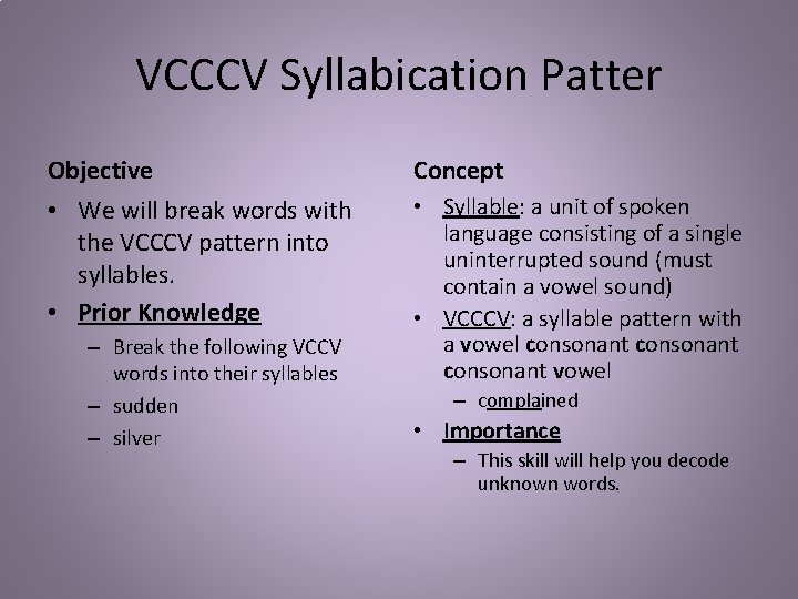 VCCCV Syllabication Patter Objective Concept • We will break words with the VCCCV pattern