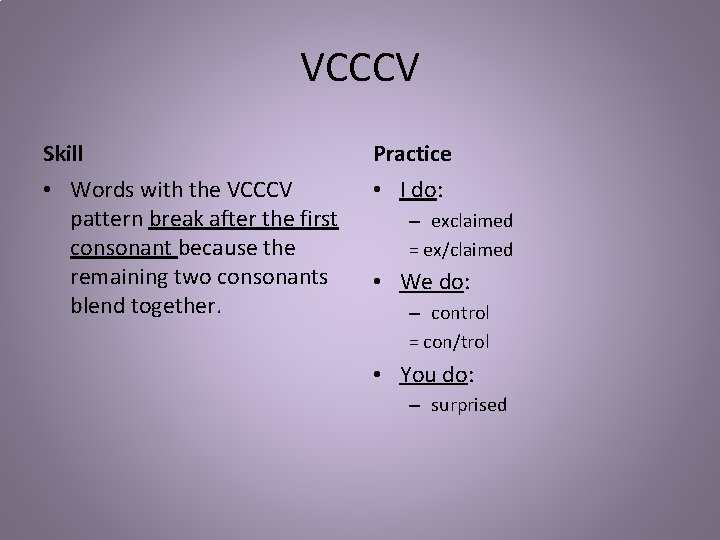 VCCCV Skill Practice • Words with the VCCCV pattern break after the first consonant