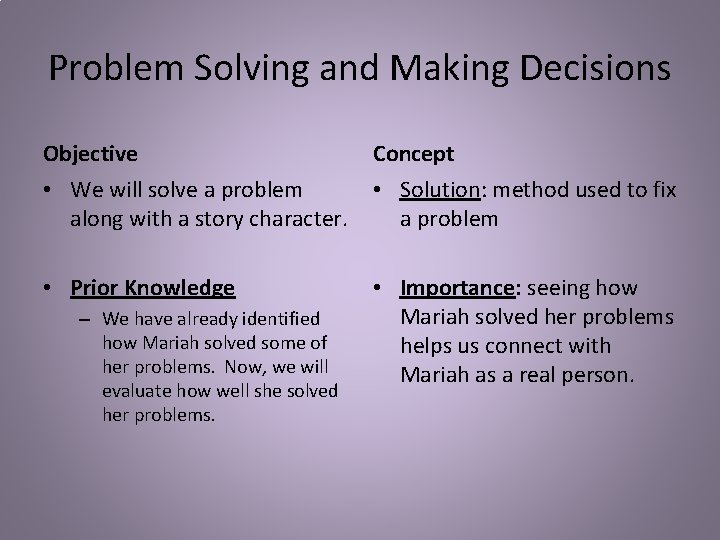 Problem Solving and Making Decisions Objective Concept • We will solve a problem along