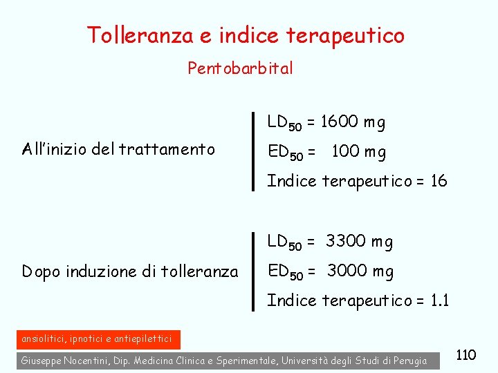 Tolleranza e indice terapeutico Pentobarbital LD 50 = 1600 mg All’inizio del trattamento ED