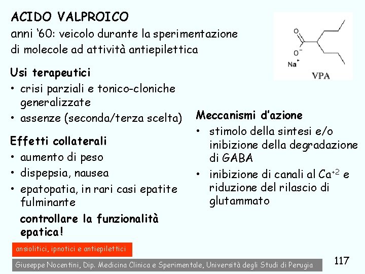 ACIDO VALPROICO anni ‘ 60: veicolo durante la sperimentazione di molecole ad attività antiepilettica