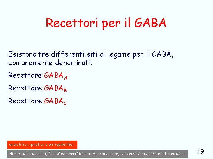 Recettori per il GABA Esistono tre differenti siti di legame per il GABA, comunemente