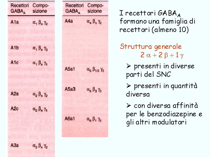 I recettori GABAA formano una famiglia di recettori (almeno 10) Struttura generale 2 +2