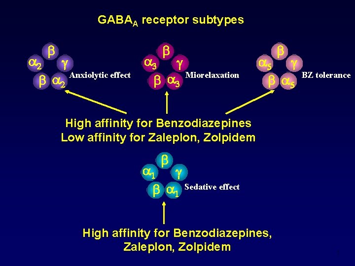 GABAA receptor subtypes Anxiolytic effect Miorelaxation BZ tolerance High affinity for Benzodiazepines Low affinity