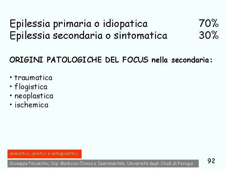 Epilessia primaria o idiopatica Epilessia secondaria o sintomatica 70% 30% ORIGINI PATOLOGICHE DEL FOCUS