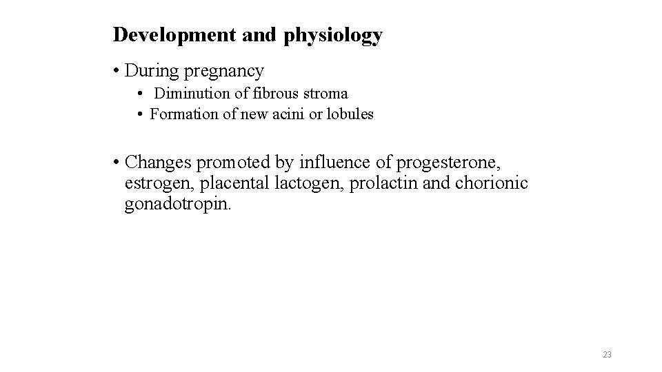 Development and physiology • During pregnancy • Diminution of fibrous stroma • Formation of