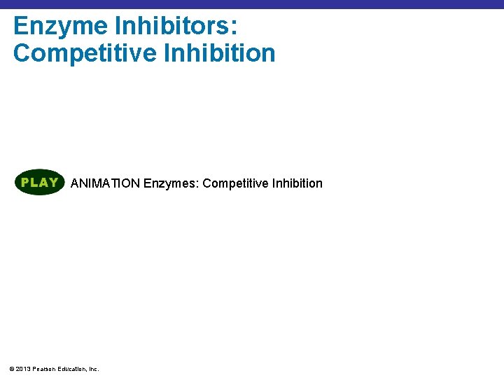 Enzyme Inhibitors: Competitive Inhibition ANIMATION Enzymes: Competitive Inhibition © 2013 Pearson Education, Inc. 