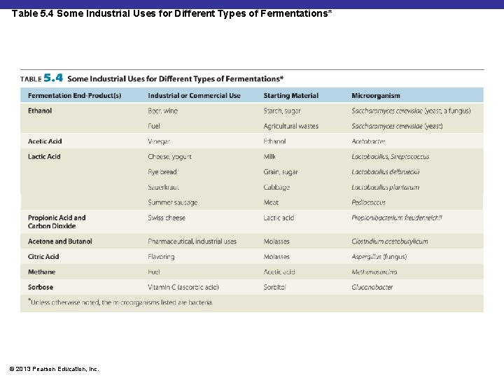 Table 5. 4 Some Industrial Uses for Different Types of Fermentations* © 2013 Pearson