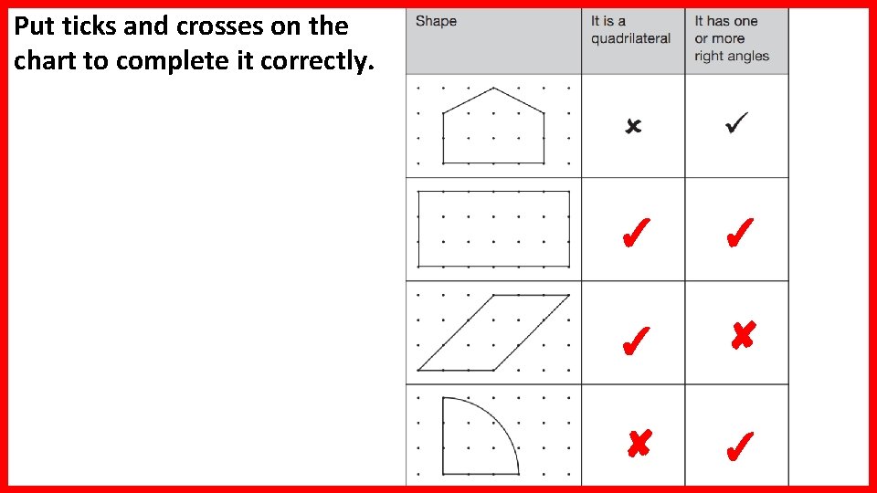 Put ticks and crosses on the chart to complete it correctly. ✓ ✓ ✓ Put ticks and crosses on the chart to complete it correctly. ✓ ✓ ✓