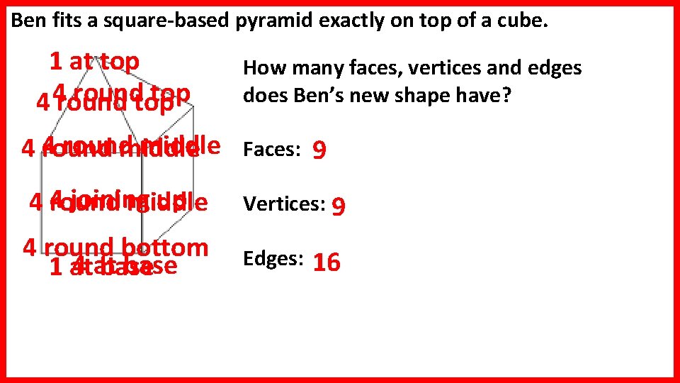Ben fits a square-based pyramid exactly on top of a cube. 1 at top Ben fits a square-based pyramid exactly on top of a cube. 1 at top