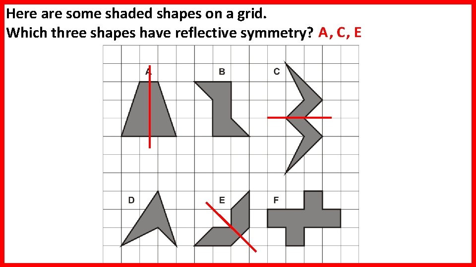 Here are some shaded shapes on a grid. Which three shapes have reflective symmetry? Here are some shaded shapes on a grid. Which three shapes have reflective symmetry?