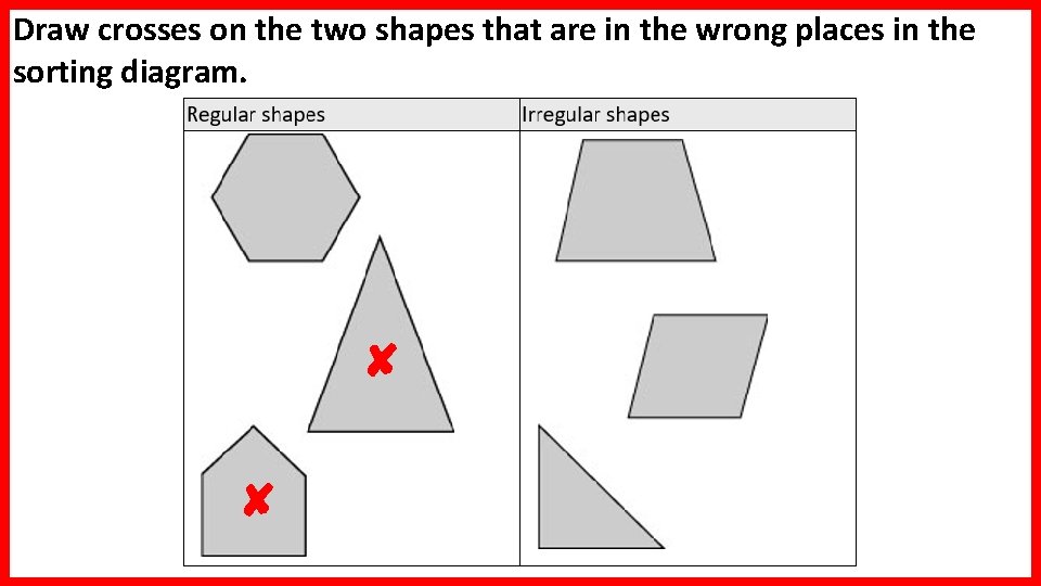 Draw crosses on the two shapes that are in the wrong places in the Draw crosses on the two shapes that are in the wrong places in the